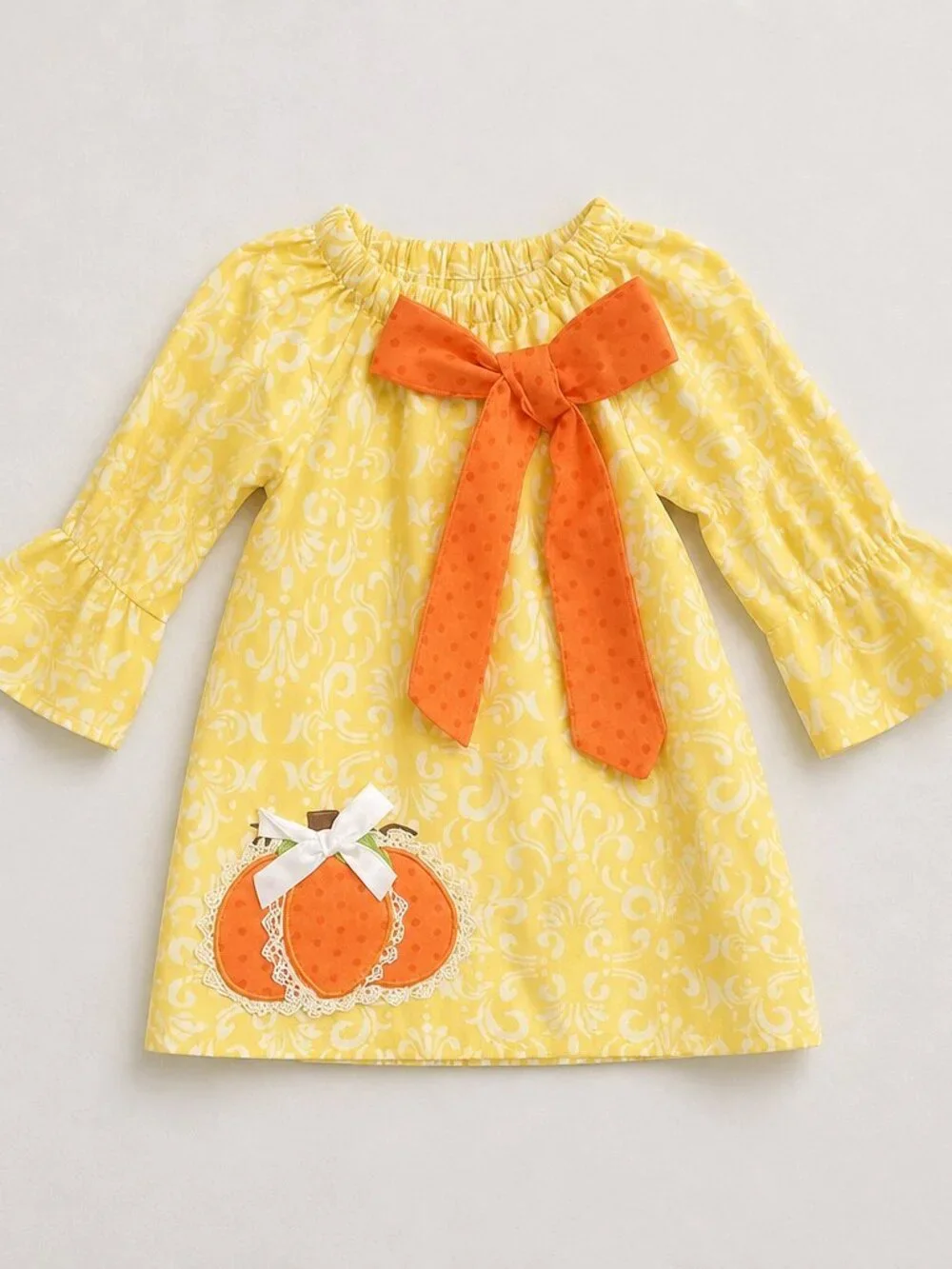 Pumpkin Bow Adorable Cotton Long Sleeve Fall Dress